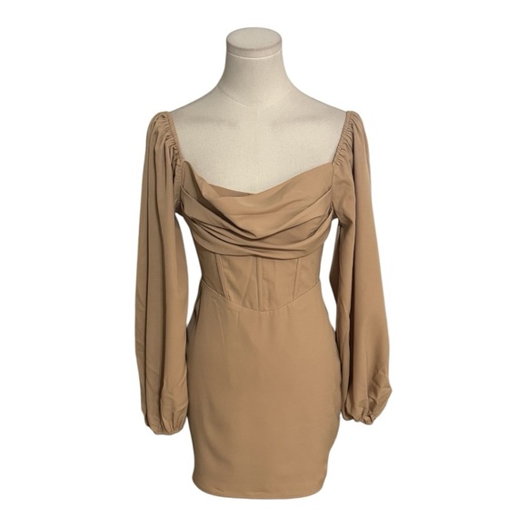 Princess Polly Lillie Tan Balloon Long Sleeve Corset Cowl Neck Mini Dress Size 2 - Picture 6 of 12